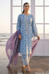 Elegant light blue floral printed stitched dress with purple dupatta, perfect for women’s fashion in Pakistan