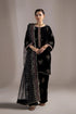 Black velvet embroidered Pakistani dress with gold and pink detailing, perfect for evening events and formal occasions.