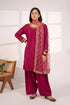 Elegant maroon Pakistani suit with gold embroidery and matching dupatta, perfect for festive occasions.