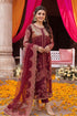 Elegant maroon embroidered Pakistani dress with gold detailing, perfect for weddings and special occasions.
