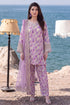 Purple floral embroidered Pakistani suit with dupatta, beach backdrop, elegant women&