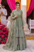 Elegant olive green embroidered anarkali dress with intricate embellishments, perfect for weddings and special occasions in Pakistan.