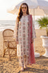 Elegant floral embroidered lawn suit with pink dupatta, perfect for beachwear or casual occasions in Pakistan.