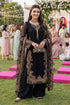 Elegant black embroidered Pakistani dress with gold detailing, perfect for weddings and special occasions.