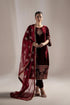 Elegant maroon velvet embroidered dress with matching dupatta, perfect for formal occasions in Pakistan