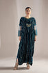 Elegant teal velvet dress with gold embroidery, sheer sleeves, and side slit for women’s formal wear