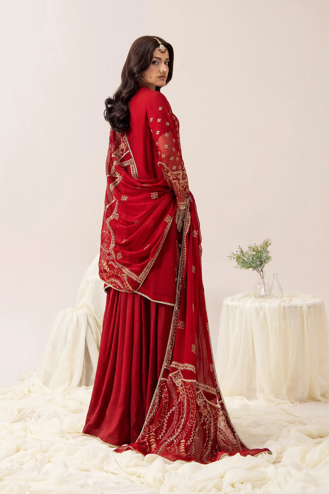 Elegant red embroidered Pakistani dress with gold detailing, perfect for weddings and special occasions.