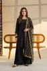 Black Pakistani suit with gold embroidery, elegant stitched dress for women, premium fabric, timeless style