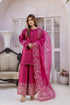 Elegant magenta embroidered Pakistani suit with floral dupatta, perfect for formal occasions and festive events.