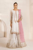 Elegant white embroidered dress with pink dupatta, premium stitched Pakistani women&