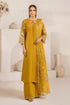 Mustard yellow embroidered Pakistani suit with floral details and embellished sleeves for women