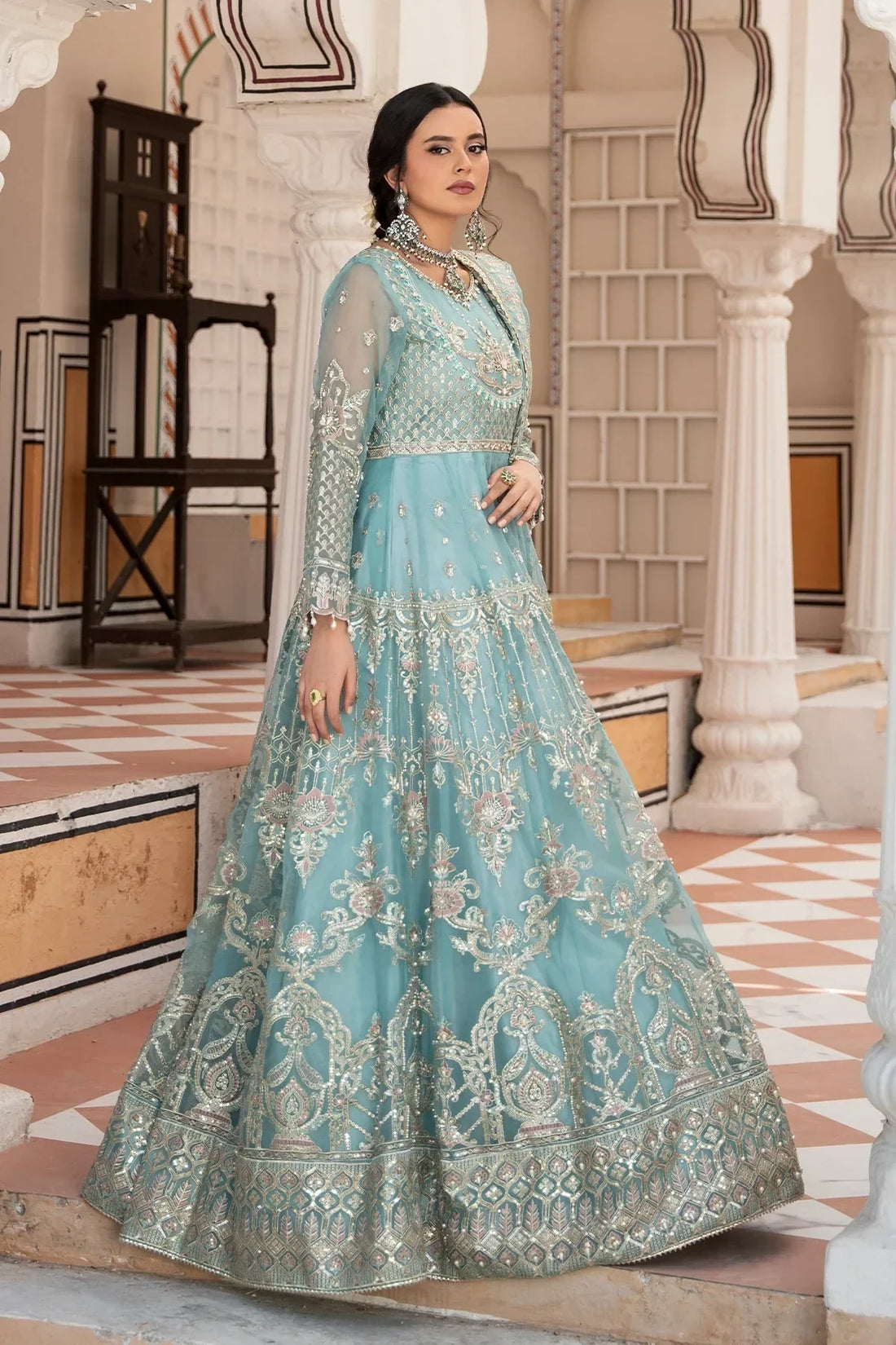 Elegant light blue embroidered anarkali suit with intricate silver detailing, perfect for weddings and special occasions.