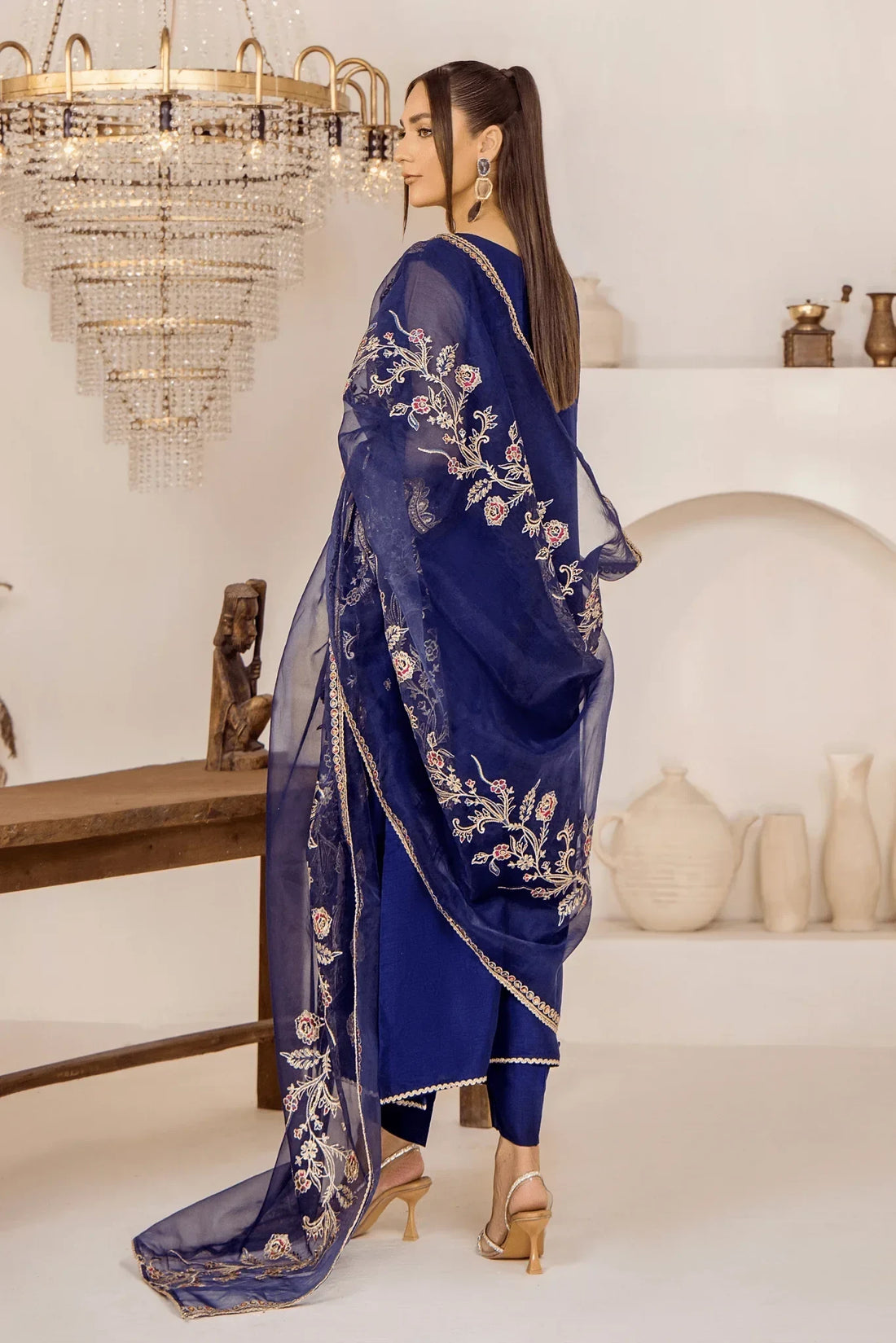 Navy blue embroidered Pakistani dress with floral dupatta, elegant for formal occasions
