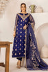 Navy blue embroidered Pakistani suit with sheer sleeves and floral dupatta, elegant women&