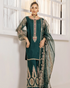 Elegant emerald green embroidered Pakistani suit with sheer dupatta, perfect for formal occasions.