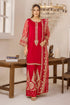 Red embroidered Pakistani suit with gold detailing, elegant stitched dress for women